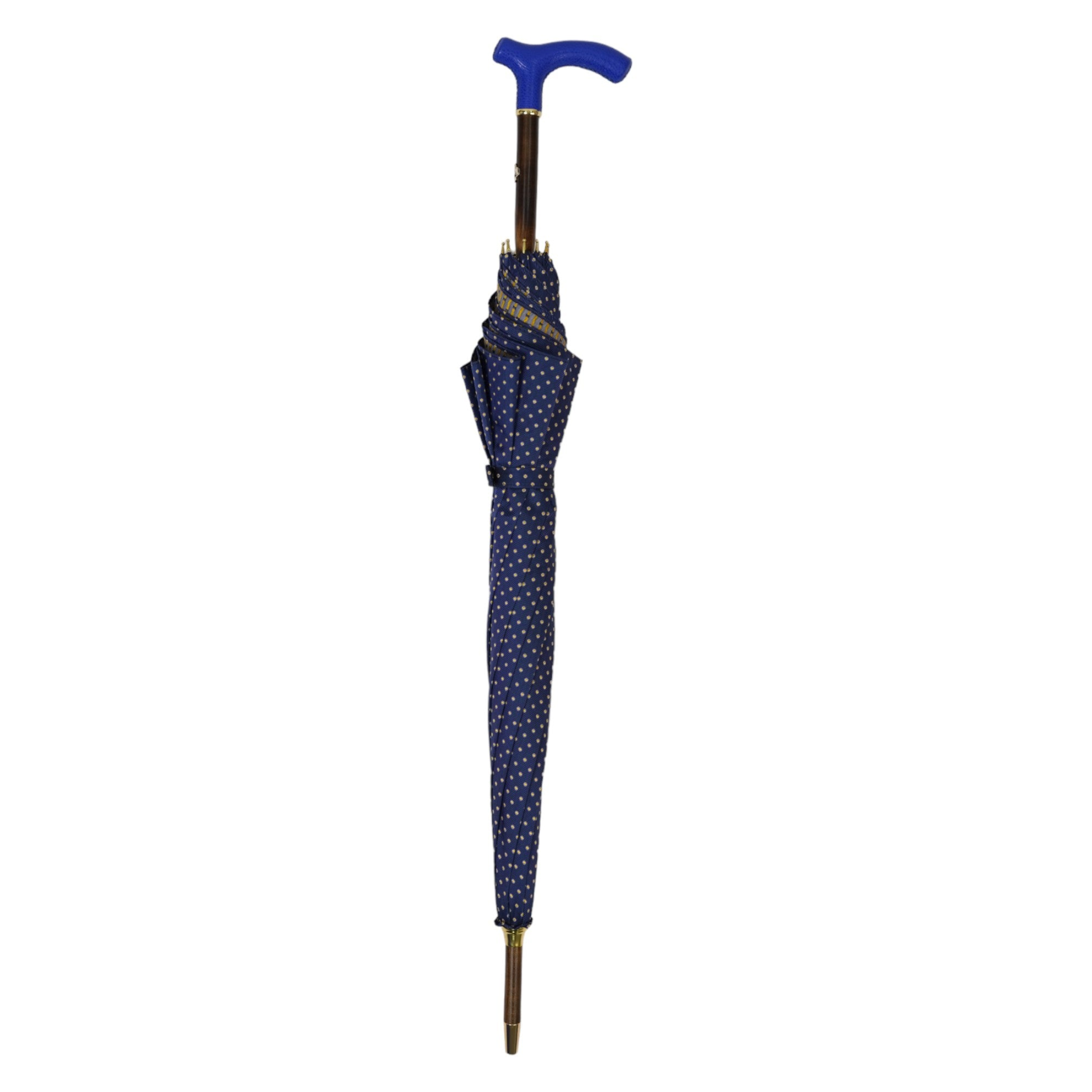 Designer Umbrella – Blue Leather Handle, Flamed Beech Wood Shaft, Luxury Rain Gear