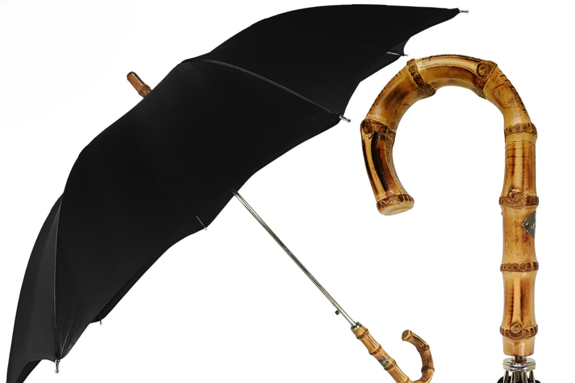 Automatic Black Umbrella | Elegant Men's Classic Rain Gear with Silver Frame and Bamboo Handle