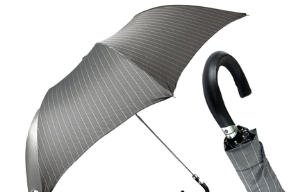 Men's Folding Umbrella – Gray Striped Compact Travel Umbrella with Leather Handle