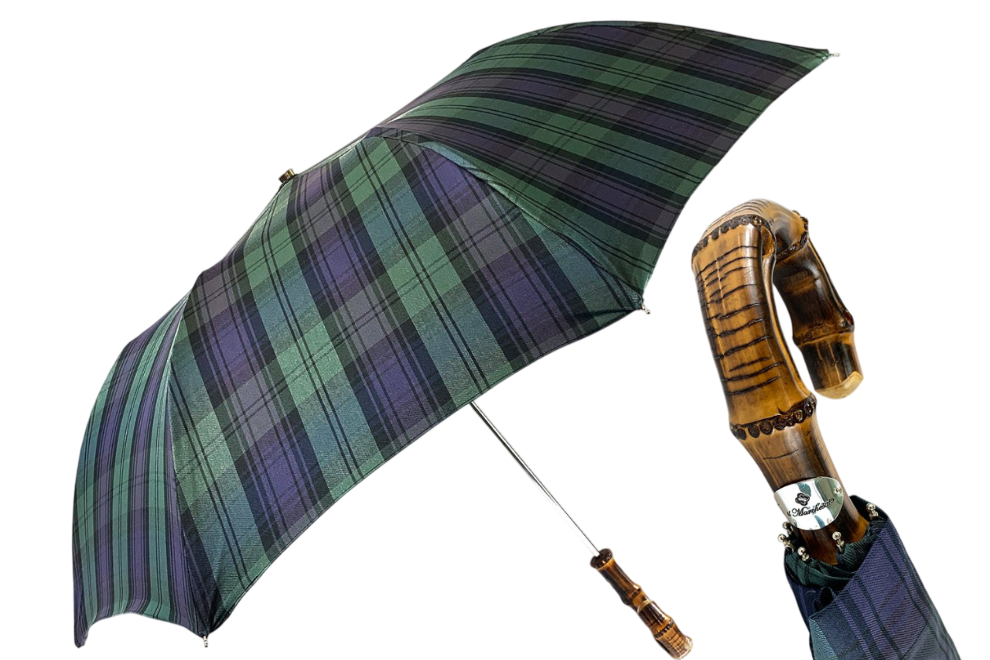 Tartan Folding Umbrella – Men’s Folding Umbrella with Bamboo Handle & Steel Ribs