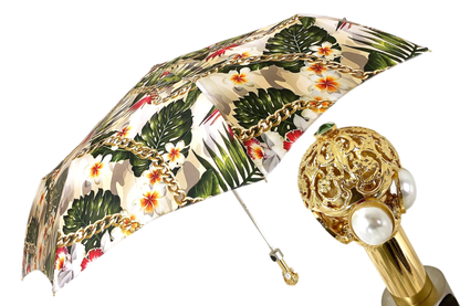 Ladies Folding Umbrella - Automatic Open, Silk Texture Canopy & Gold-Plated Handle