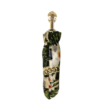 Ladies Folding Umbrella - Automatic Open, Silk Texture Canopy & Gold-Plated Handle