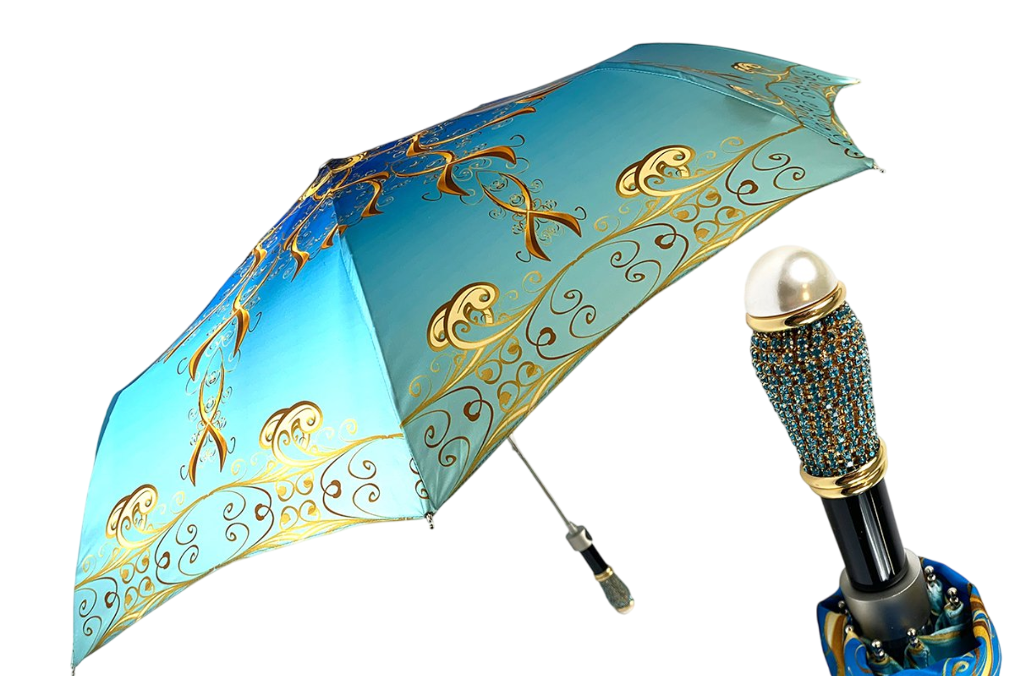 Women Folding Umbrella – Compact Travel Umbrella with Aquamarine Jeweled Handle