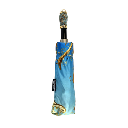 Women Folding Umbrella – Compact Travel Umbrella with Aquamarine Jeweled Handle