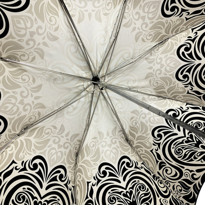 Black and White Umbrella – Luxury Damask Pattern Folding Umbrella with Silver-Plated Handle