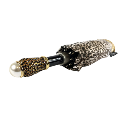 Leopard Print Umbrella – Luxury Folding Rain Umbrella with Gold Plated Handle