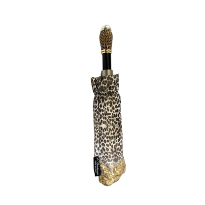 Leopard Print Umbrella – Luxury Folding Rain Umbrella with Gold Plated Handle