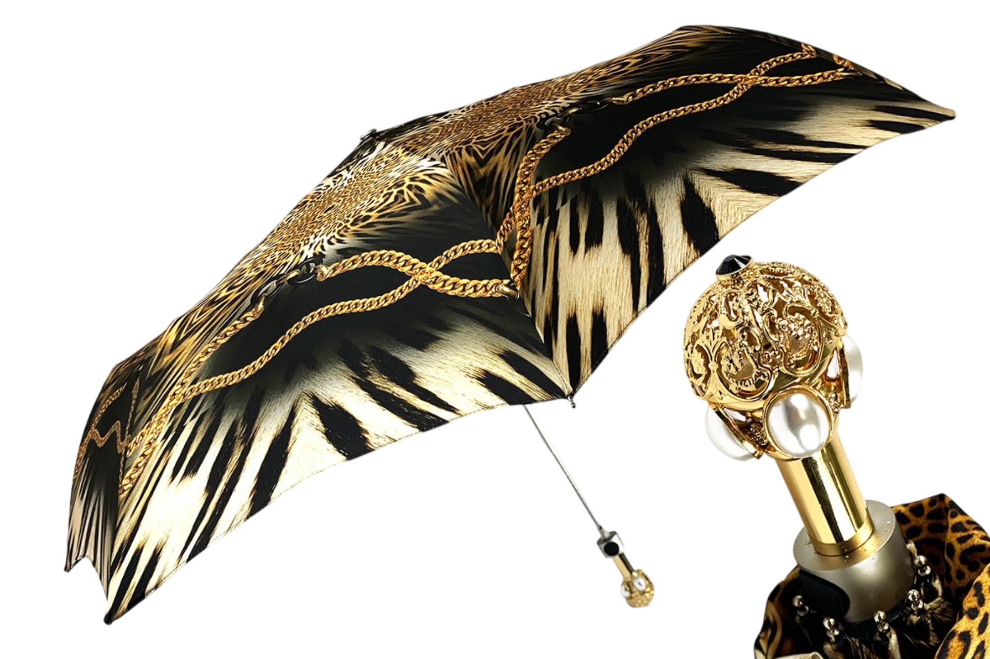 Leopard Folding Umbrella – Women’s Luxury Folding Umbrella With Brass Jeweled Handle