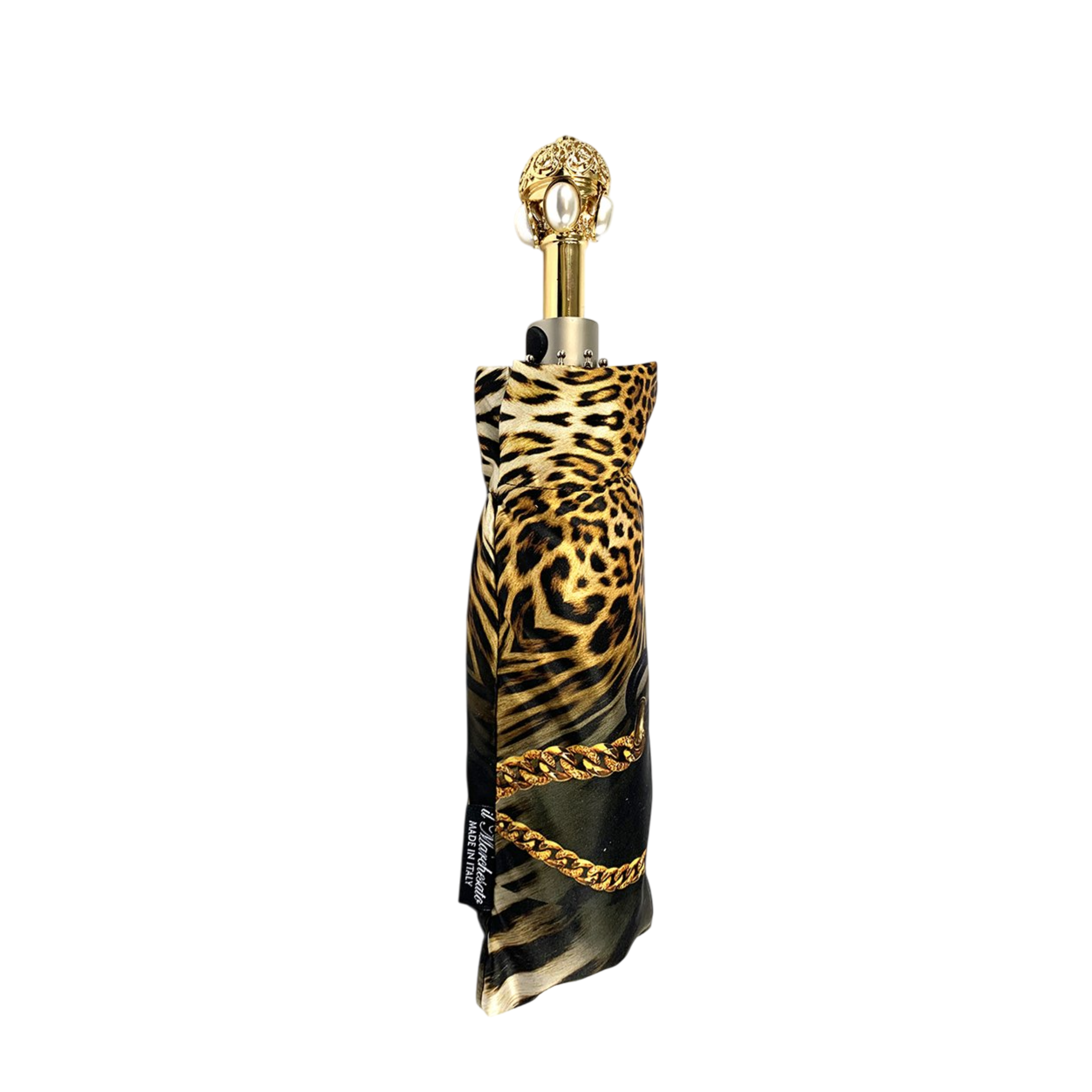 Leopard Folding Umbrella – Women’s Luxury Folding Umbrella With Brass Jeweled Handle