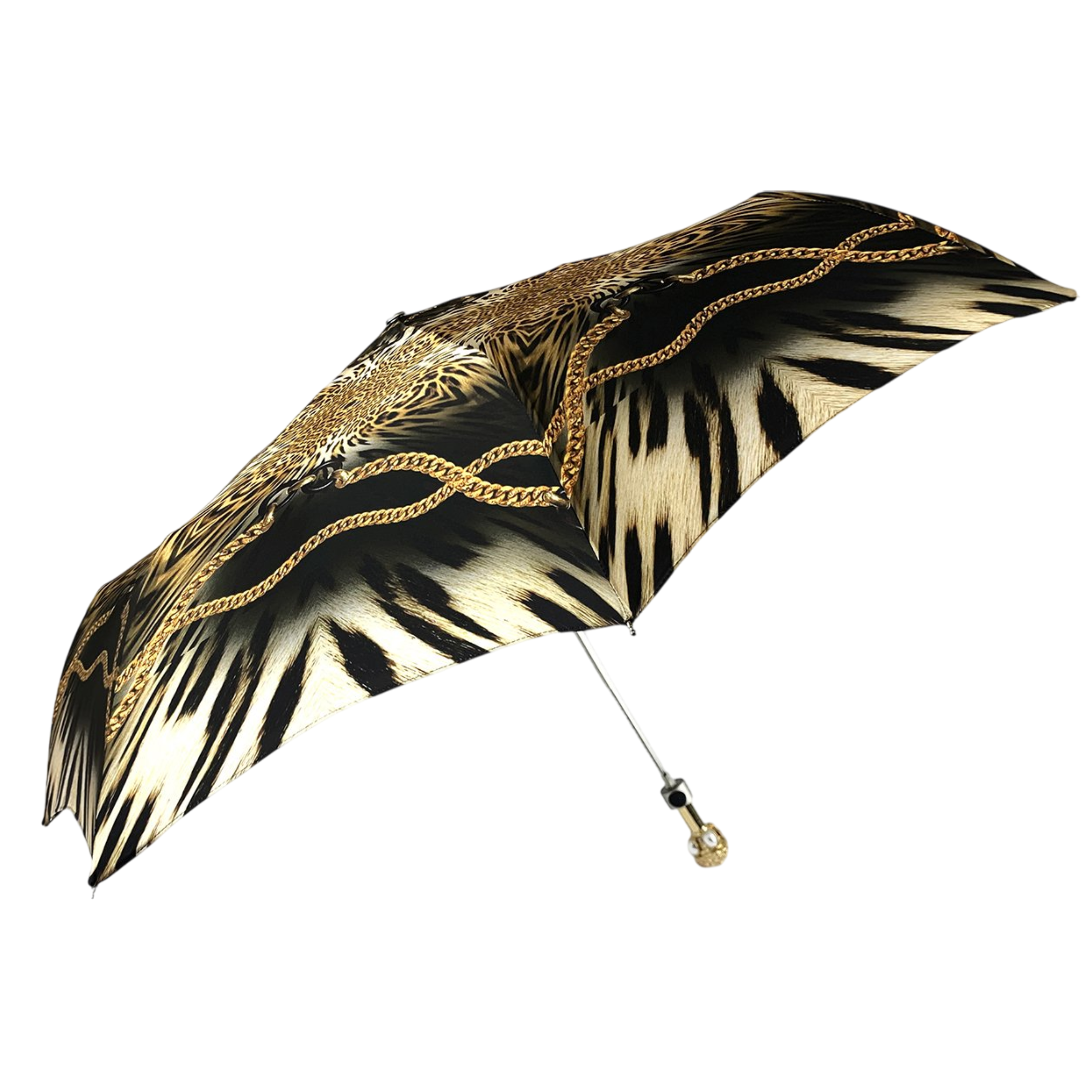 Leopard Folding Umbrella – Women’s Luxury Folding Umbrella With Brass Jeweled Handle