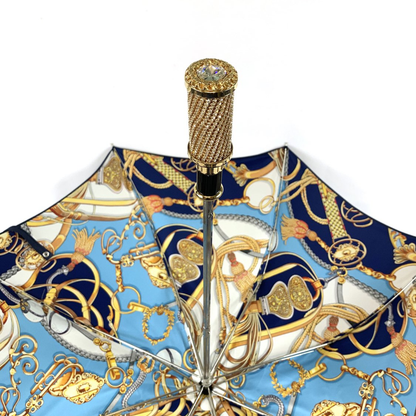 Luxury Women's Umbrella – Blue Canopy Folding Umbrella with 24K Gold Handle