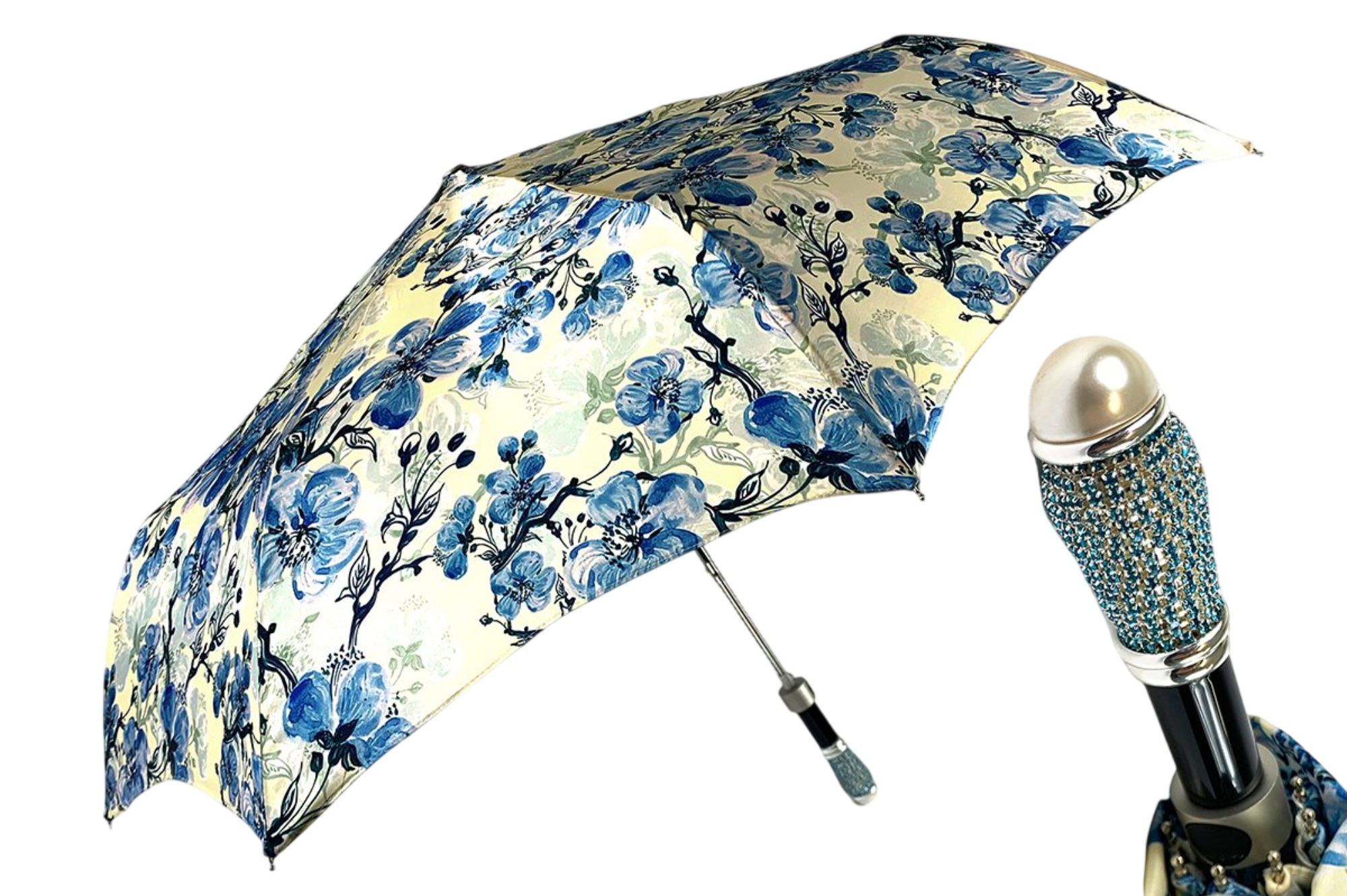 Folding Umbrella – Blue Poppies Compact Automatic Umbrella with Gold Handle