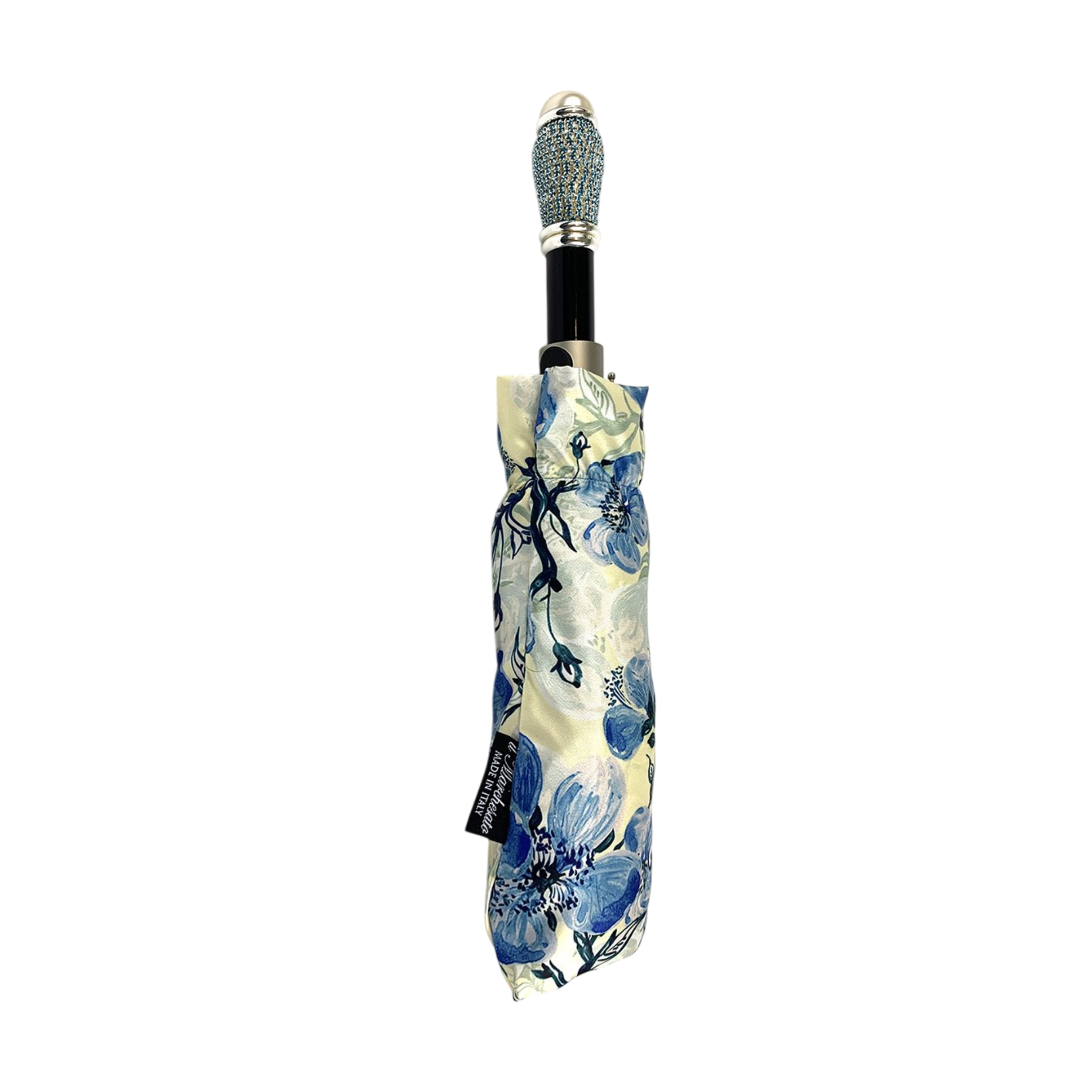 Folding Umbrella – Blue Poppies Compact Automatic Umbrella with Gold Handle