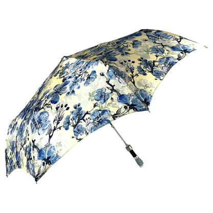 Folding Umbrella – Blue Poppies Compact Automatic Umbrella with Gold Handle