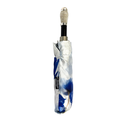 Folding Umbrella Blue Poppies Design | Italian Handmade, Silver Brass Handle & UV Protection
