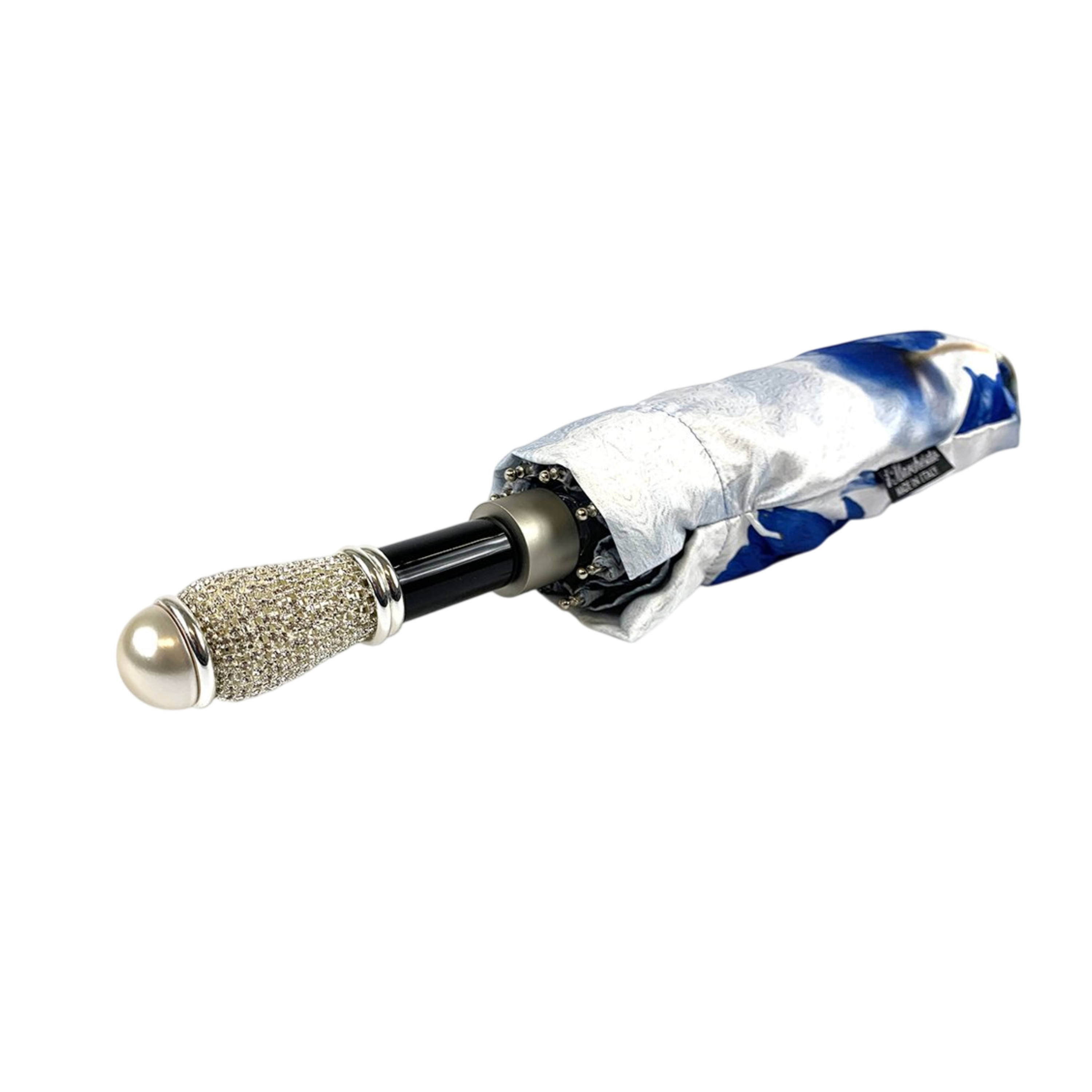 Folding Umbrella Blue Poppies Design | Italian Handmade, Silver Brass Handle & UV Protection