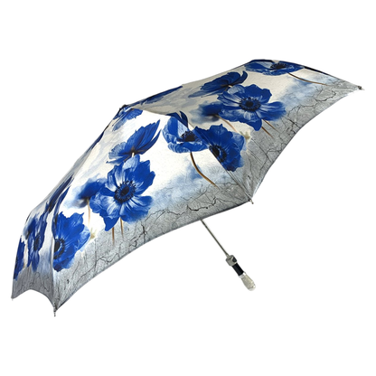 Folding Umbrella Blue Poppies Design | Italian Handmade, Silver Brass Handle & UV Protection