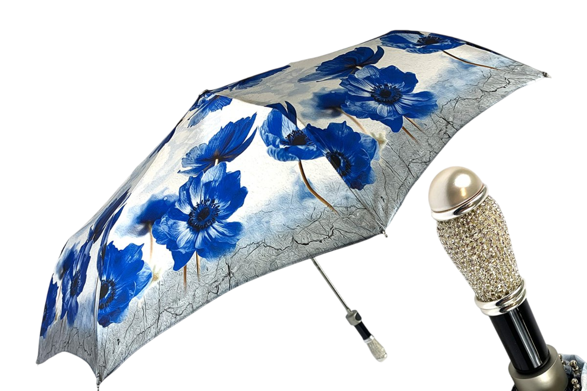 Folding Umbrella Blue Poppies Design | Italian Handmade, Silver Brass Handle & UV Protection