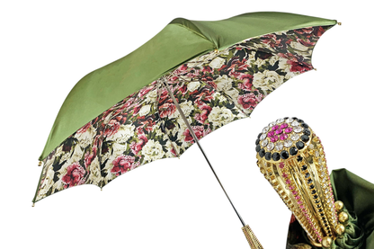 Luxury Floral Umbrella – Olive Green Double Canopy With Gold Crystal Handle