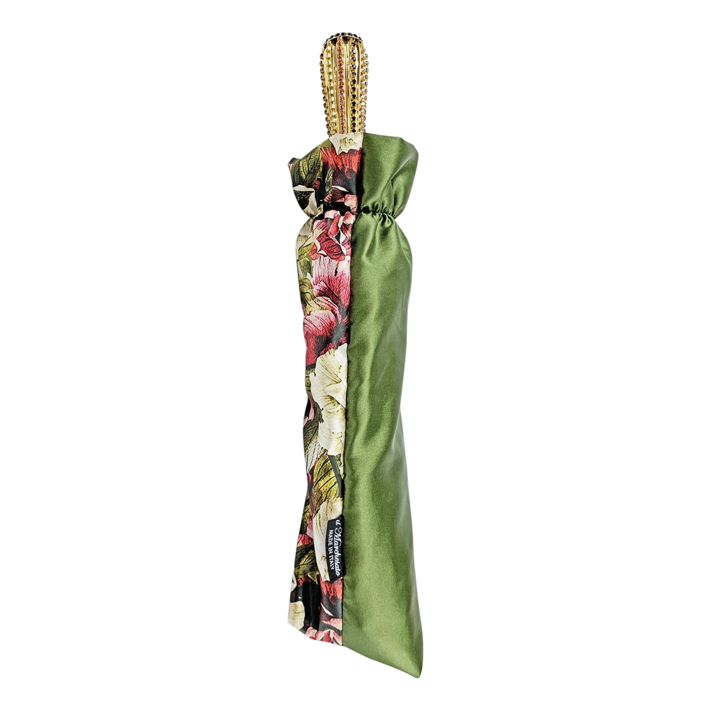 Luxury Floral Umbrella – Olive Green Double Canopy With Gold Crystal Handle