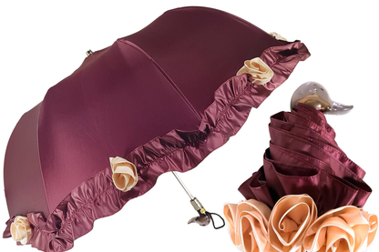 Frilly Folding Umbrella – Burgundy Rose Detail | Automatic Open, Gold Handle