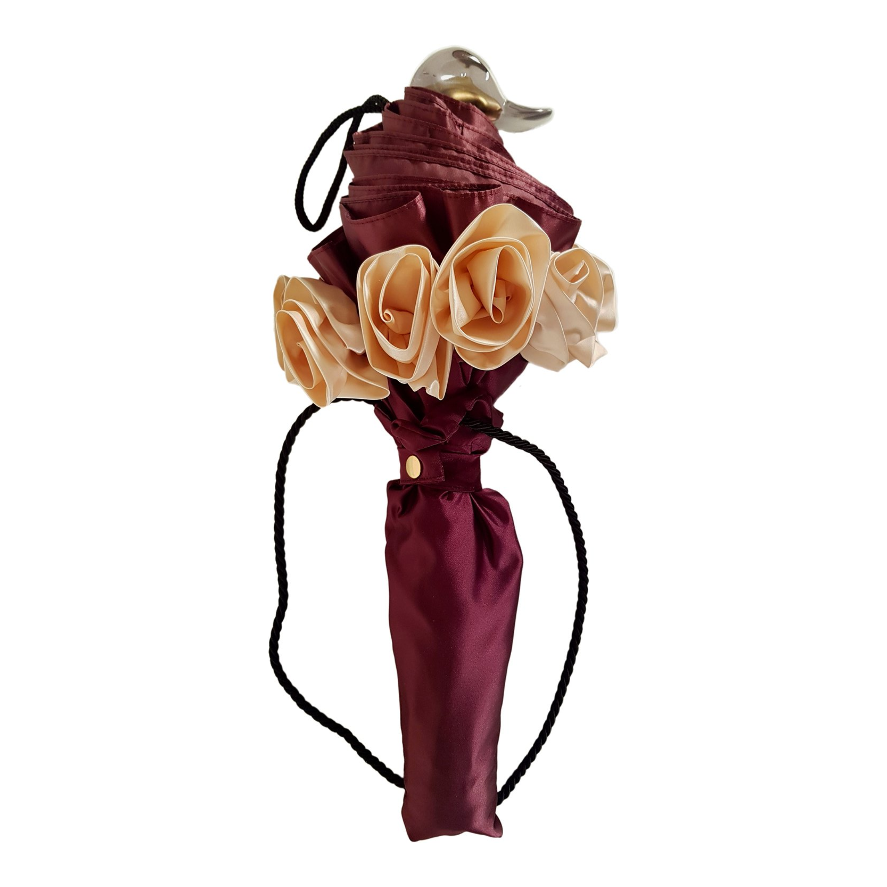 Frilly Folding Umbrella – Burgundy Rose Detail | Automatic Open, Gold Handle