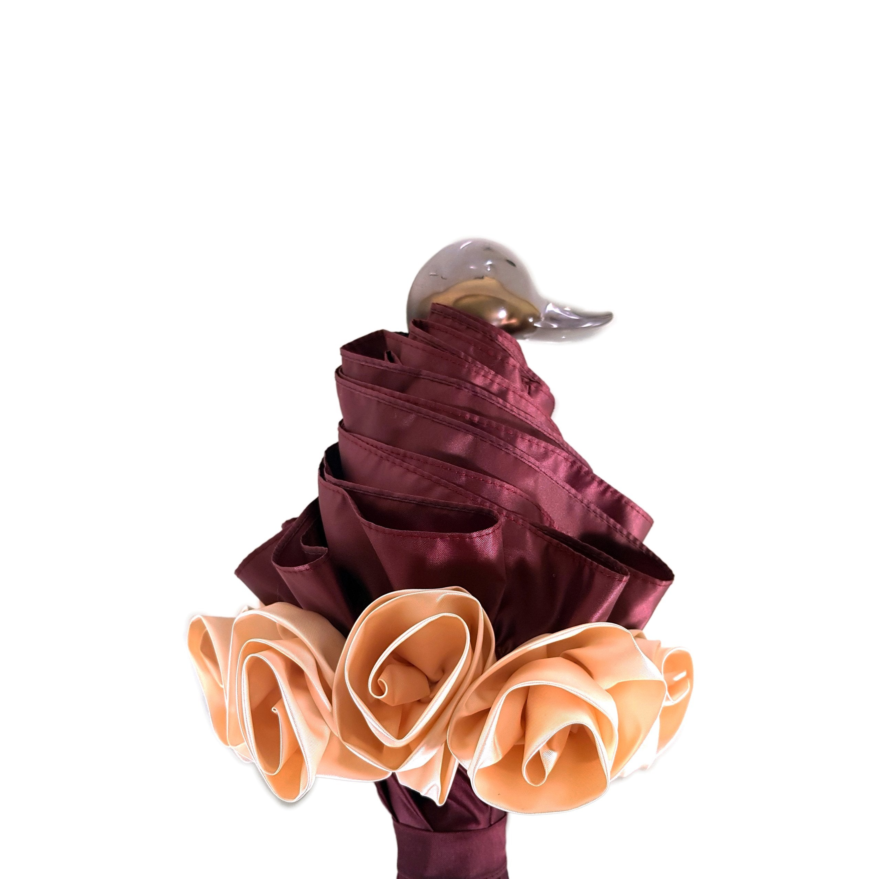 Frilly Folding Umbrella – Burgundy Rose Detail | Automatic Open, Gold Handle