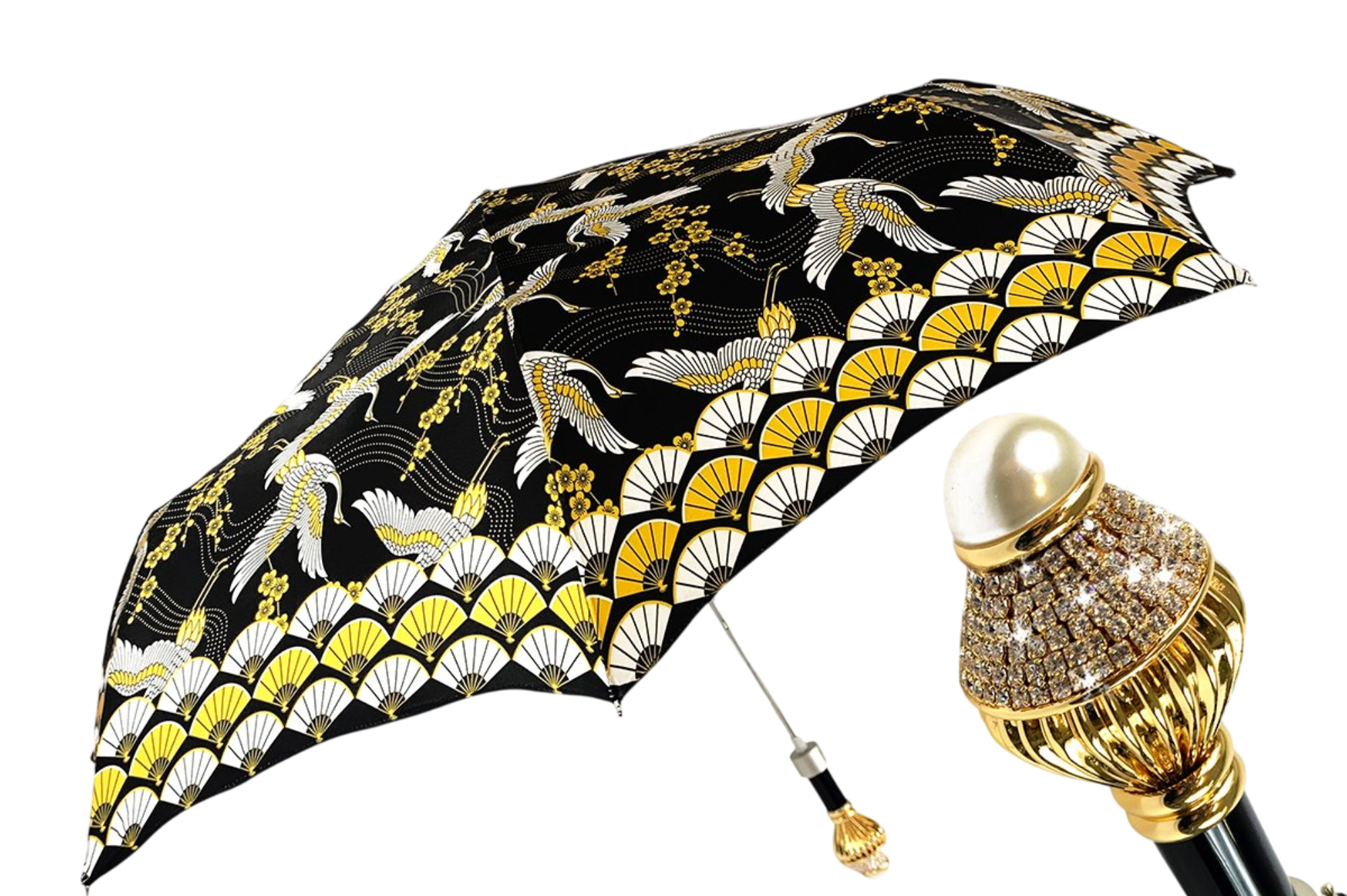 Luxurious Folding Umbrella - Handmade Italian Heron Art With 24K Gold Handle & UV Protection