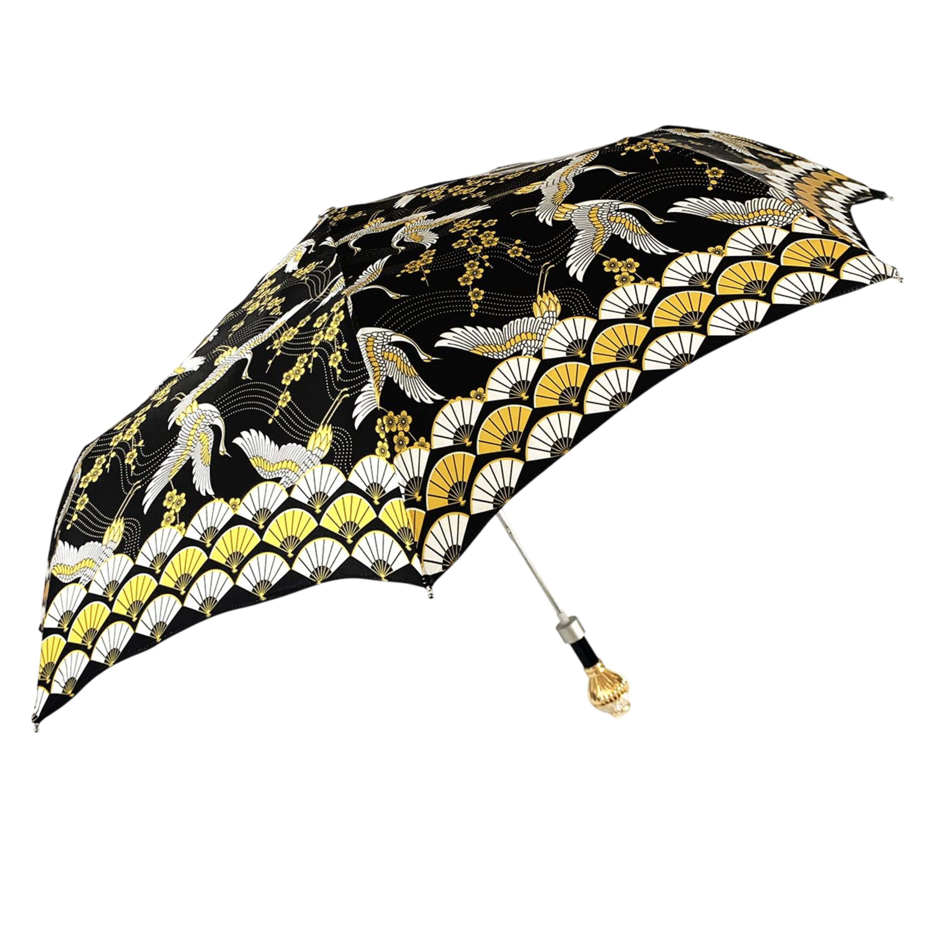 Luxurious Folding Umbrella - Handmade Italian Heron Art With 24K Gold Handle & UV Protection