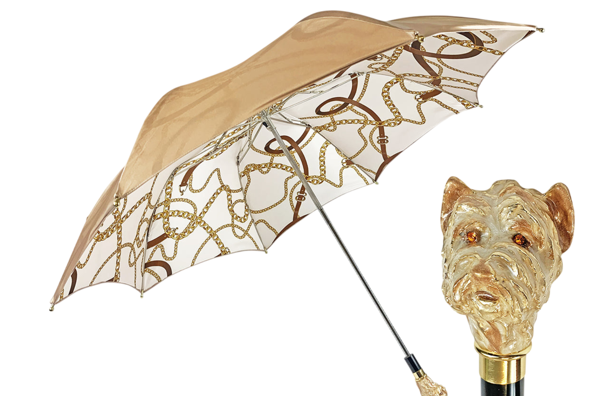 Cream Folding Umbrella – Deluxe Women’s Rain Accessory with Enamelled Dog Handle