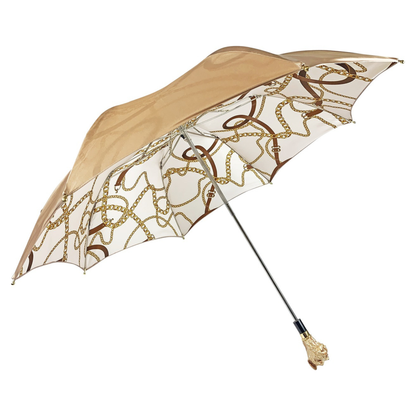 Cream Folding Umbrella – Deluxe Women’s Rain Accessory with Enamelled Dog Handle