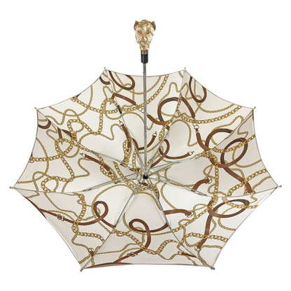 Cream Folding Umbrella – Deluxe Women’s Rain Accessory with Enamelled Dog Handle