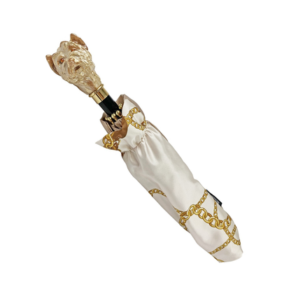 Cream Folding Umbrella – Deluxe Women’s Rain Accessory with Enamelled Dog Handle