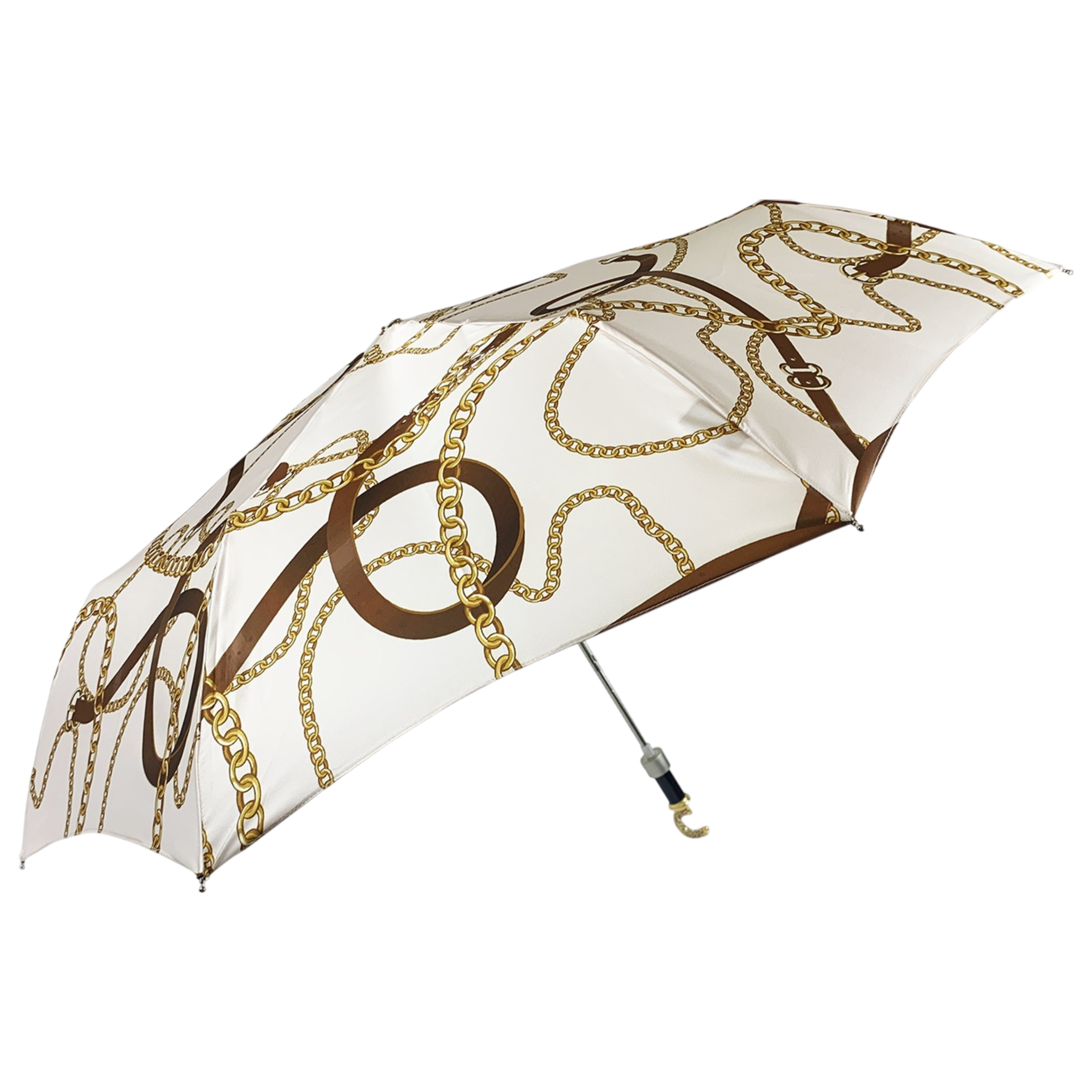 Women's Folding Umbrella - Automatic Open, Crystal Handle, 24K Gold, Satin Canopy