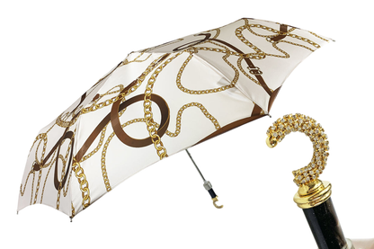 Women's Folding Umbrella - Automatic Open, Crystal Handle, 24K Gold, Satin Canopy