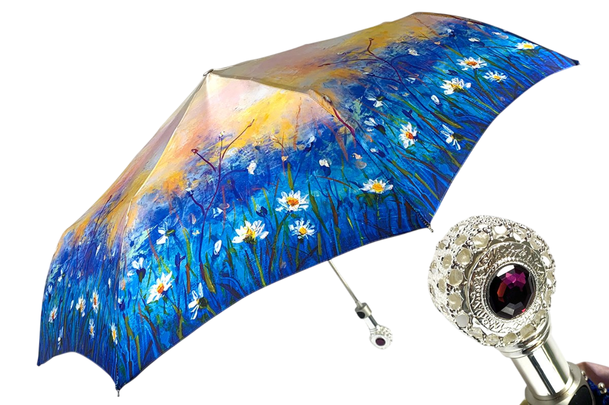 Silver-Plated Folding Umbrella – Italian Handmade Compact Rain Umbrella with Amethyst Handle