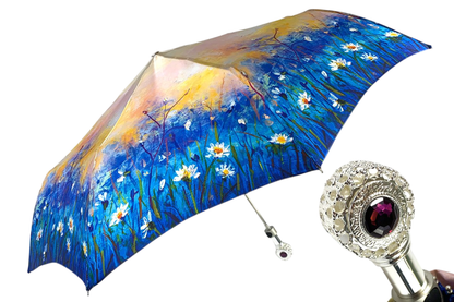 Silver-Plated Folding Umbrella – Italian Handmade Compact Rain Umbrella with Amethyst Handle