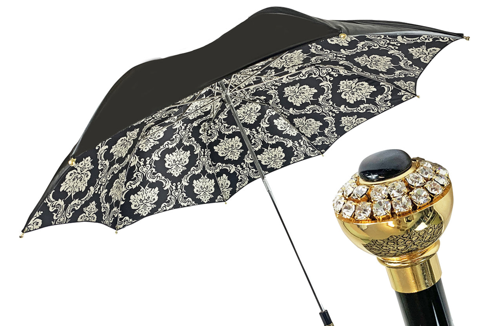 Luxury Black Umbrella – Double Canopy Satin Fabric with Crystal Handle, Handmade Italian Design