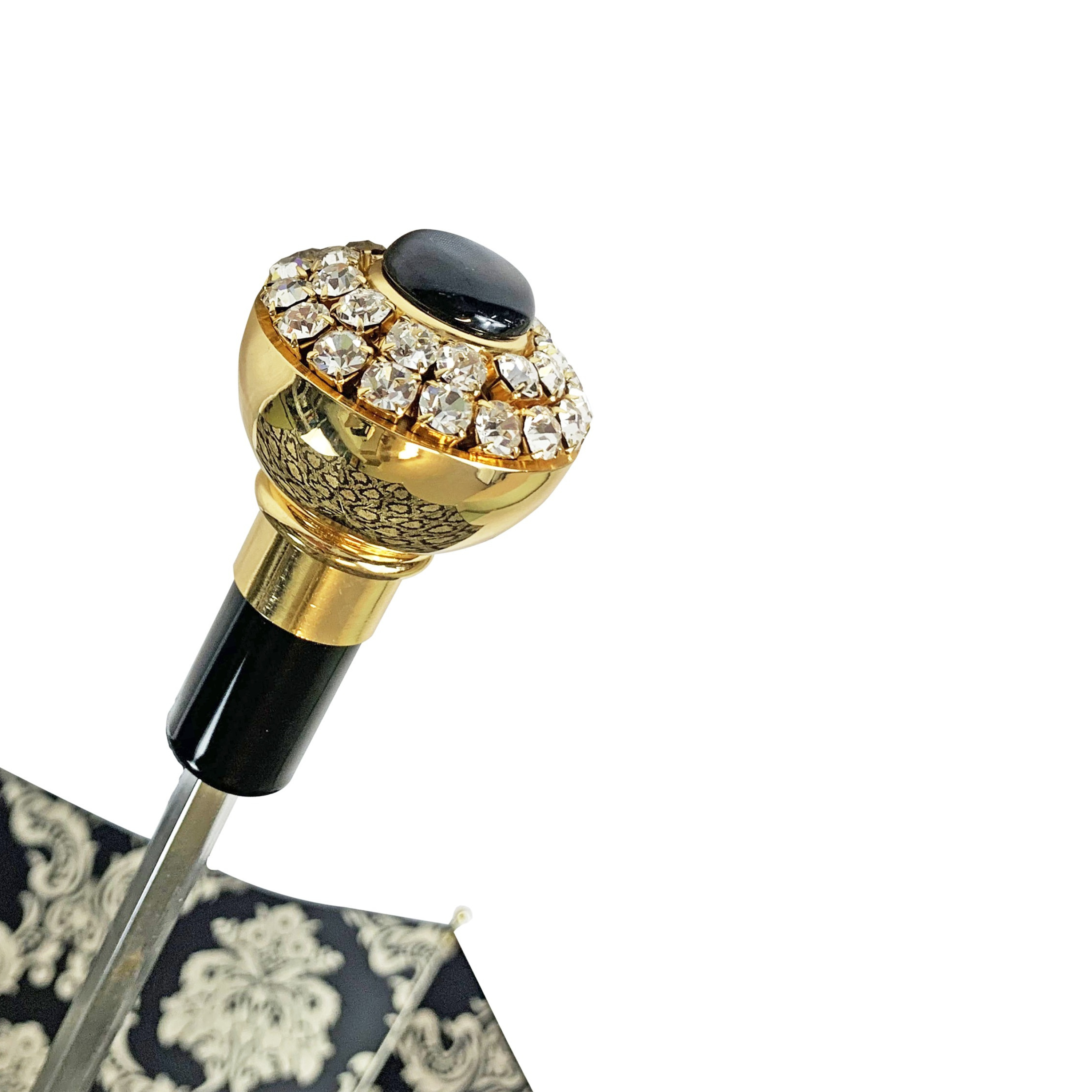 Luxury Black Umbrella – Double Canopy Satin Fabric with Crystal Handle, Handmade Italian Design