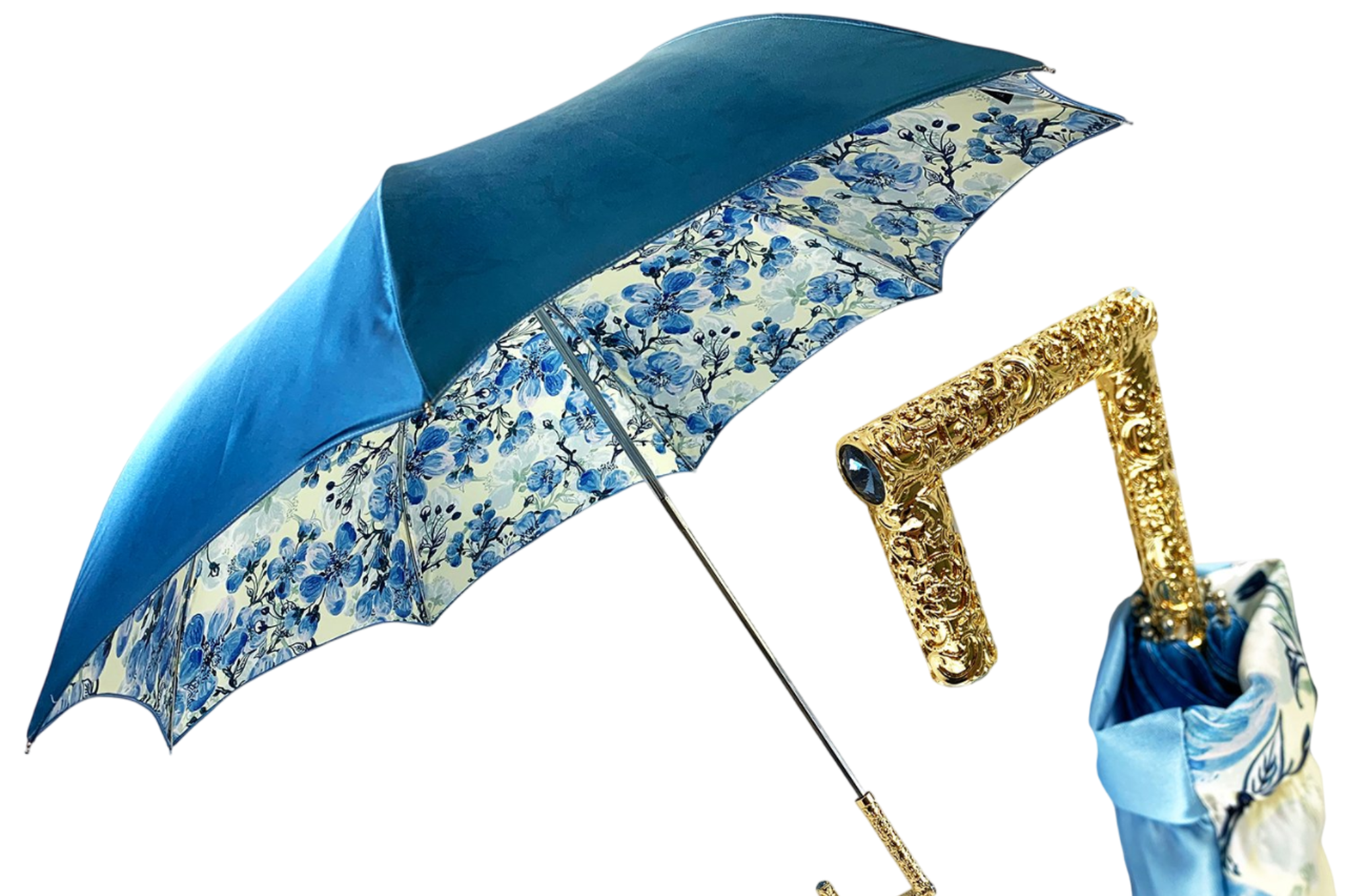 Goldplated Crystal Umbrella – 24K Gold Handle, Swarovski Accents, Folding Rain Protection