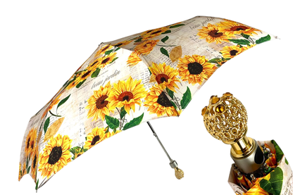 Folding Umbrella – Women's Rain Umbrella With Sunflower Pattern & 24K Gold Handle