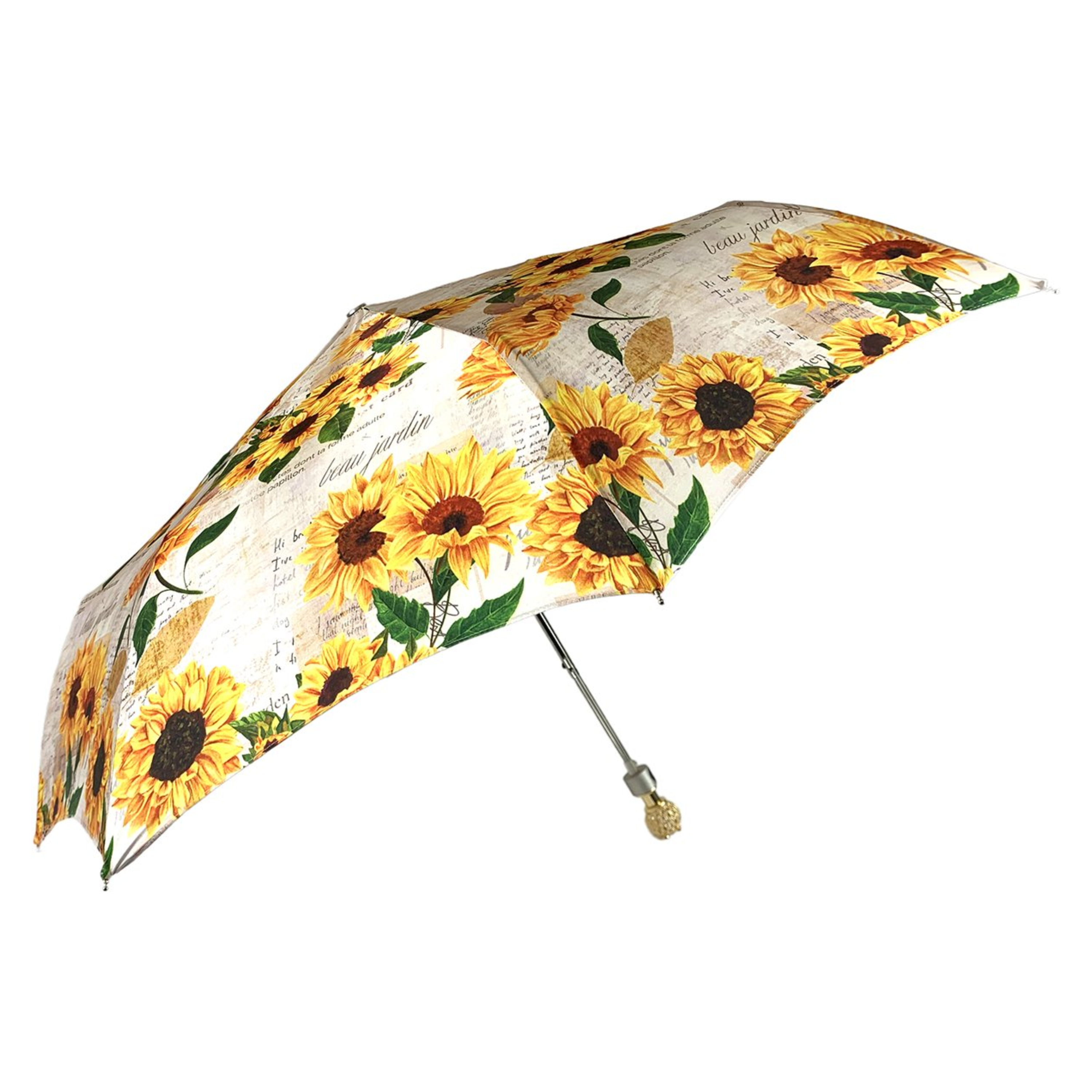 Folding Umbrella – Women's Rain Umbrella With Sunflower Pattern & 24K Gold Handle