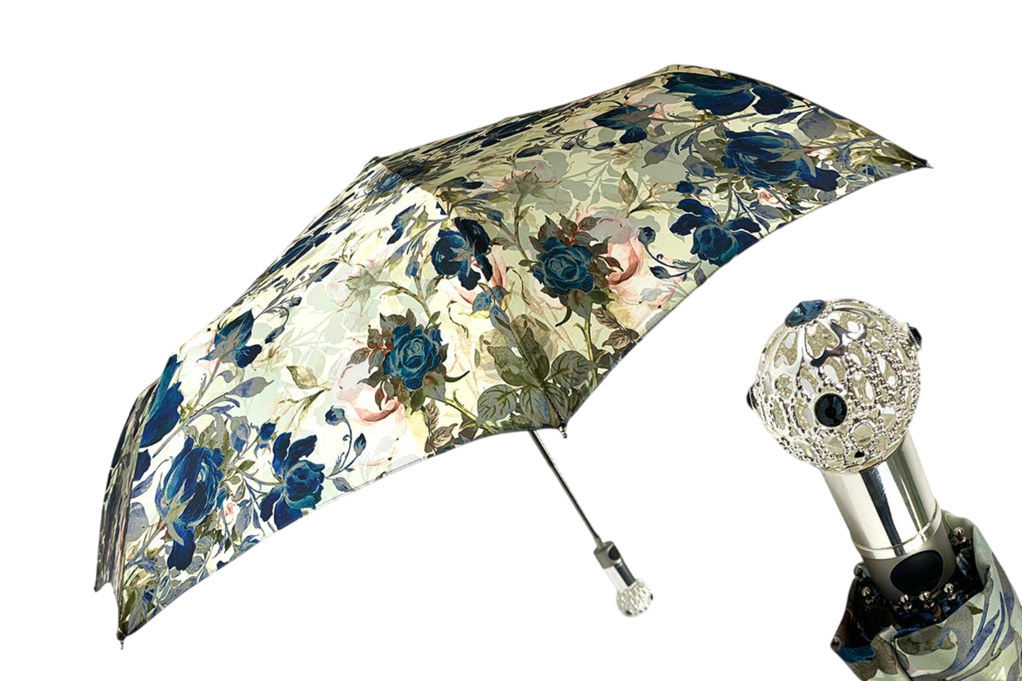 Folding Umbrella Ladies – Elegant Floral Design With Silver Plated Handle | UV Protection