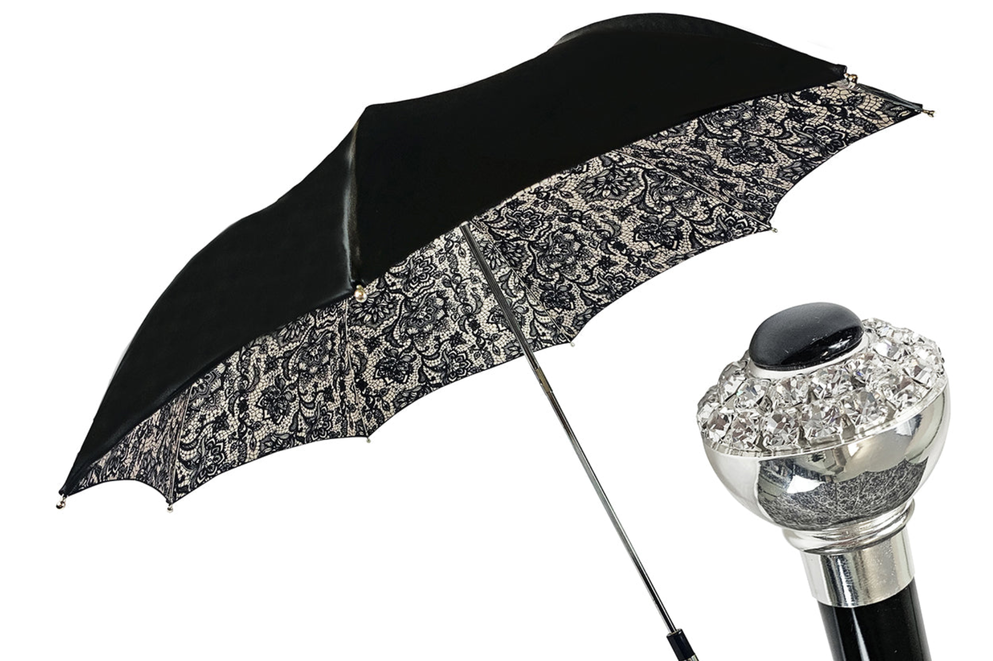 Folding Double Canopy Umbrella – Italian Handmade Lace Pattern With Silver-Plated Handle