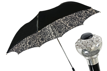 Folding Double Canopy Umbrella – Italian Handmade Lace Pattern With Silver-Plated Handle