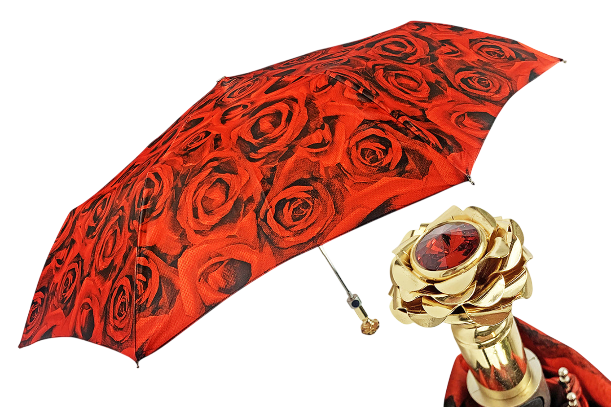 Romantic Folding Umbrella – Italian Handmade Gold-Plated Handle | Lightweight Rain Shield