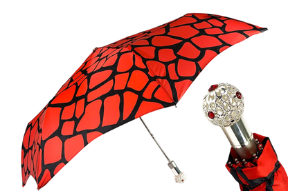 Black Red Folding Umbrella – Elegant Swarovski Handle | Lightweight, Automatic Open
