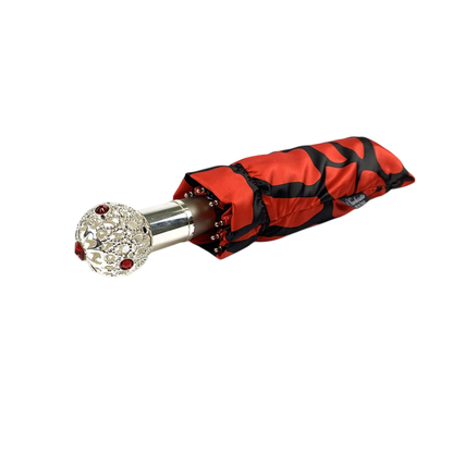 Black Red Folding Umbrella – Elegant Swarovski Handle | Lightweight, Automatic Open
