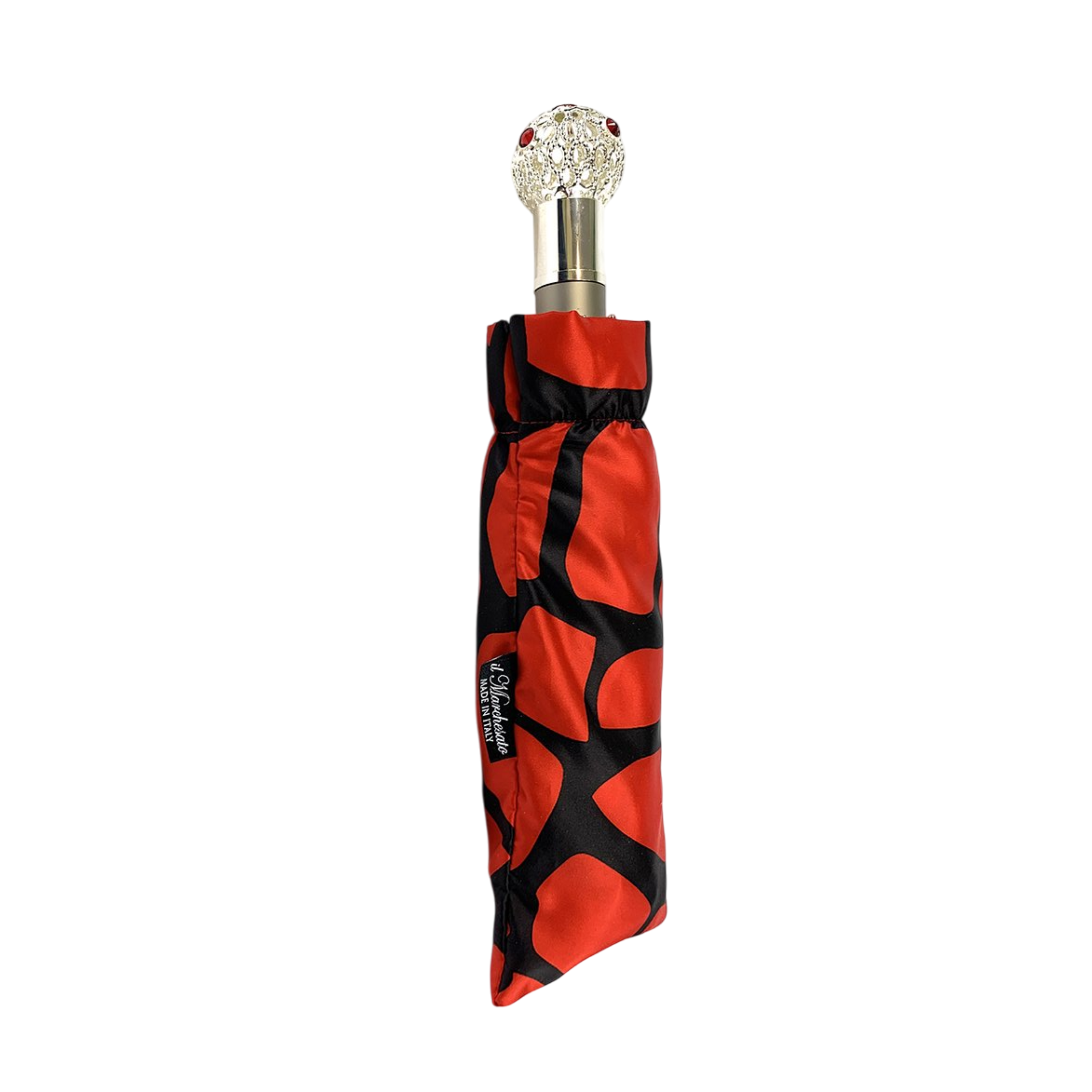 Black Red Folding Umbrella – Elegant Swarovski Handle | Lightweight, Automatic Open