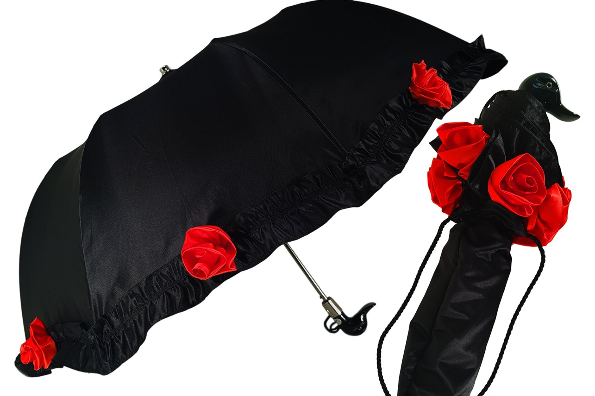 Frilly Folding Umbrella – Black Automatic Open Umbrella with Ruffles & UV Protection